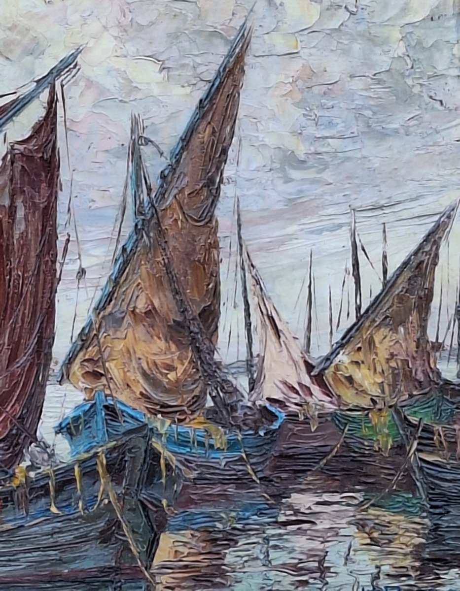 Henri Bargin ( 1906-1980)  "Tartanes dans la baie de Saint Tropez " Huile sur panneau-photo-2
