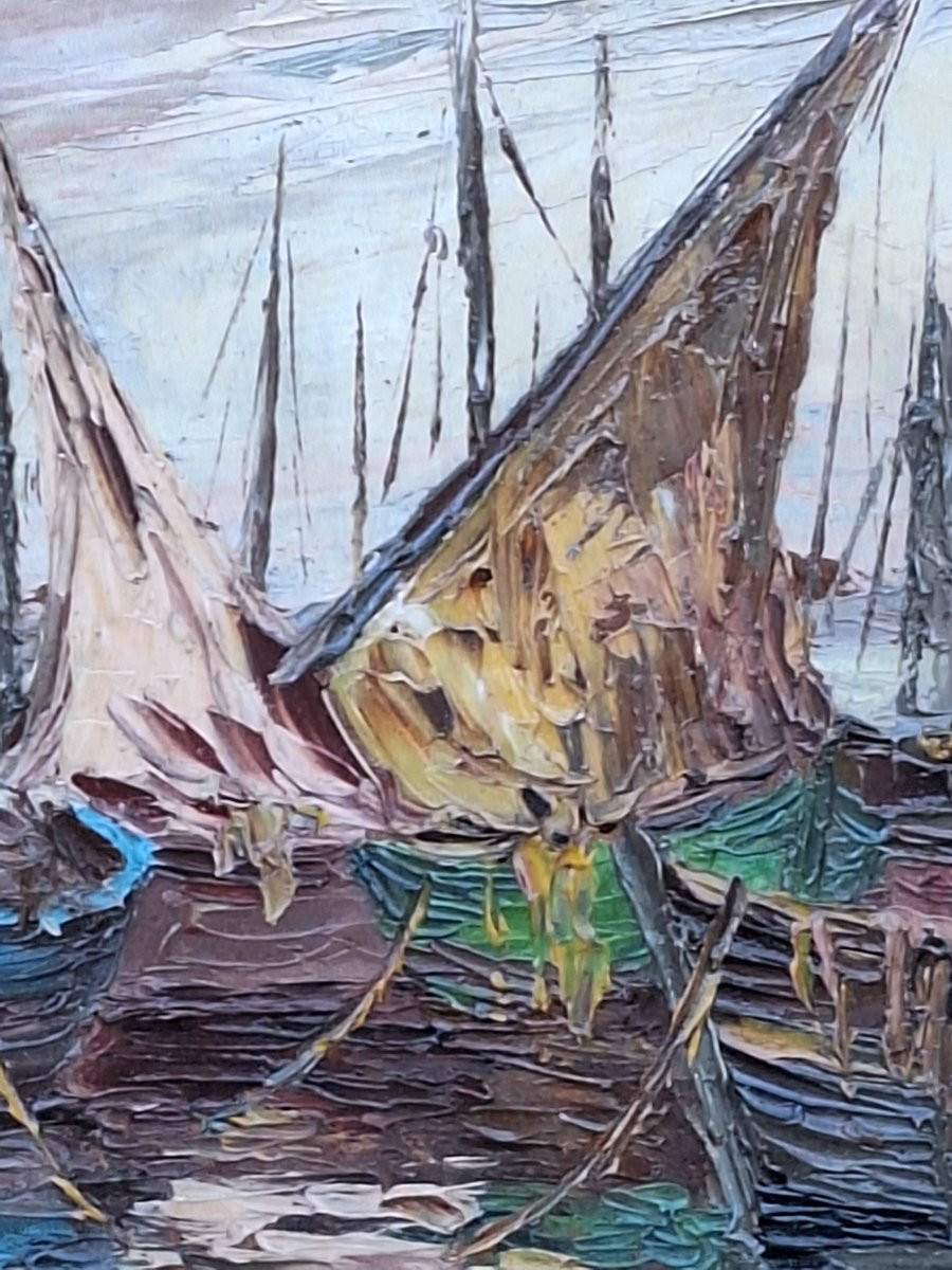 Henri Bargin ( 1906-1980)  "Tartanes dans la baie de Saint Tropez " Huile sur panneau-photo-5