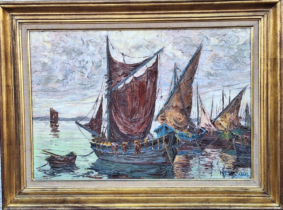 Henri Bargin ( 1906-1980)  "Tartanes dans la baie de Saint Tropez " Huile sur panneau