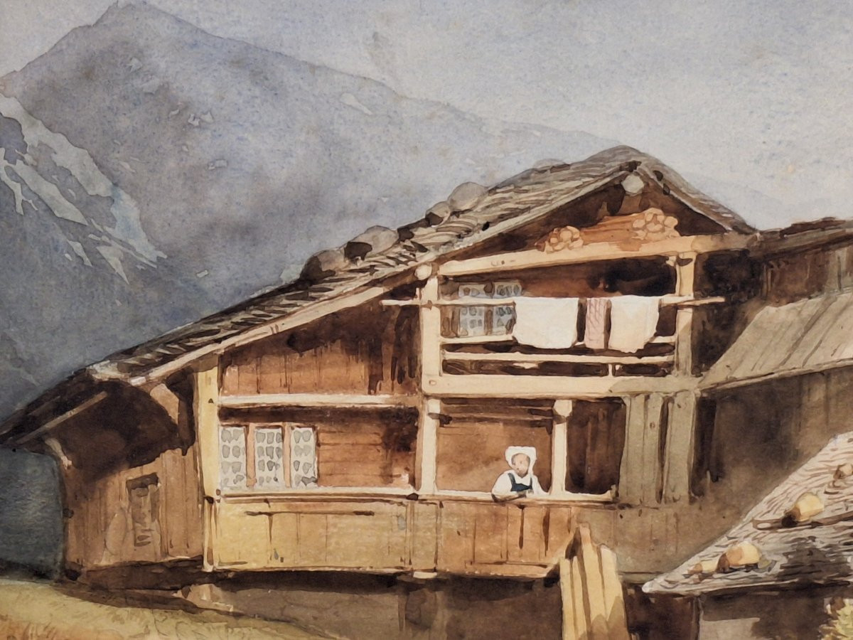 Jules Coignet ( 1798-1860), "chalet  dans les montagnes du Tyrol", aquarelle, XIXème -photo-1