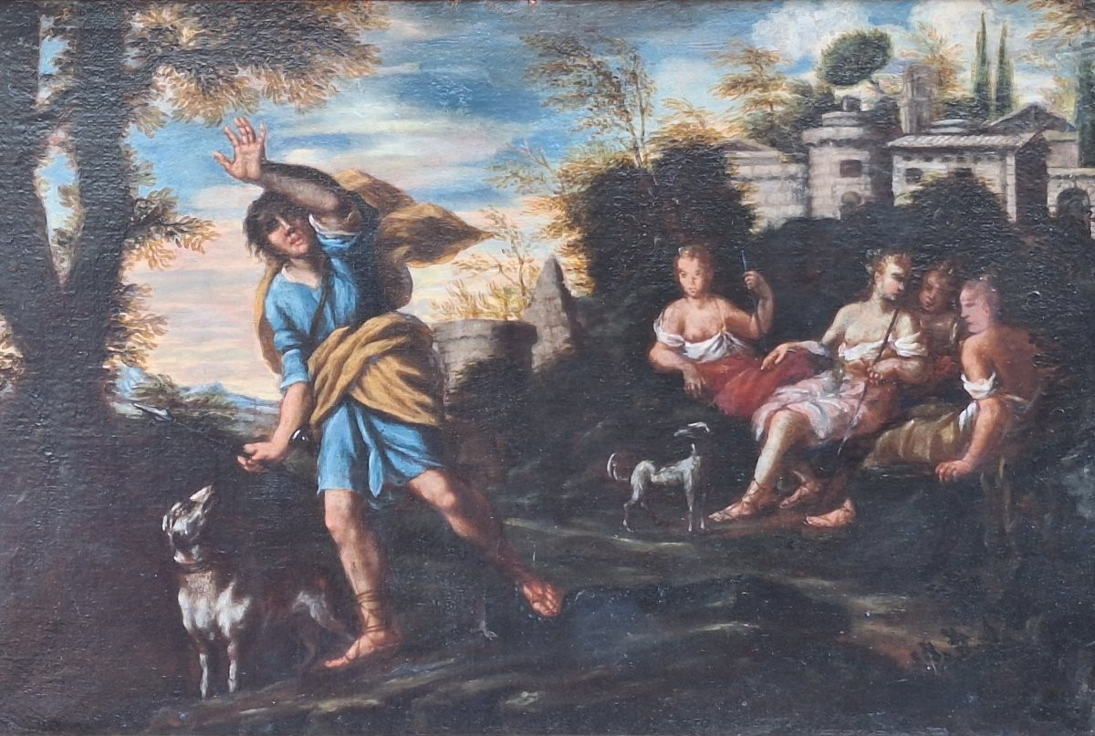 Diane et ses nymphes surprises par Actéon , huile sur toile , Ecole italienne du18ème.-photo-2