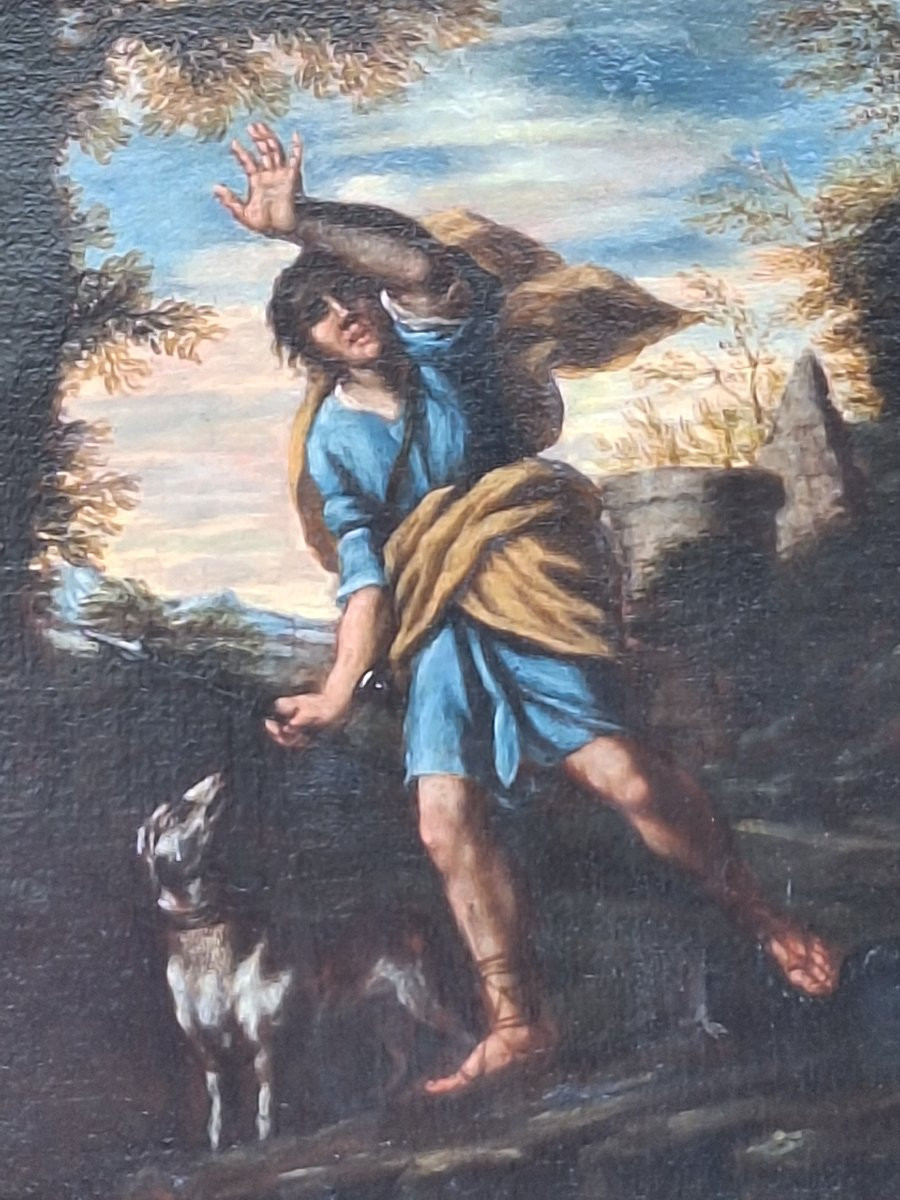 Diane et ses nymphes surprises par Actéon , huile sur toile , Ecole italienne du18ème.-photo-1