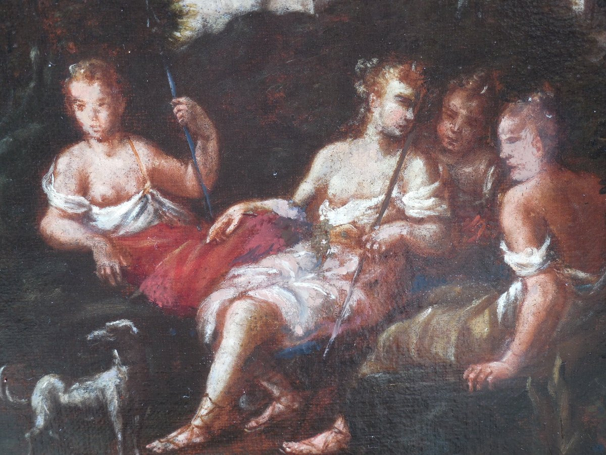 Diane et ses nymphes surprises par Actéon , huile sur toile , Ecole italienne du18ème.-photo-4
