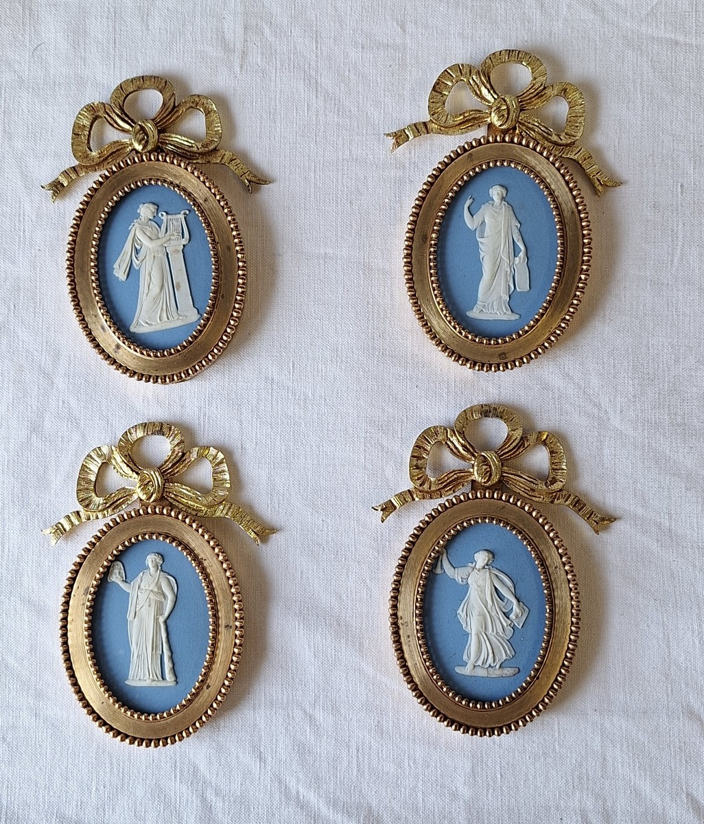 Set Of 4 Wedgwood Porcelain Medallions, Louis XVI Style Gilt Bronze Frames.