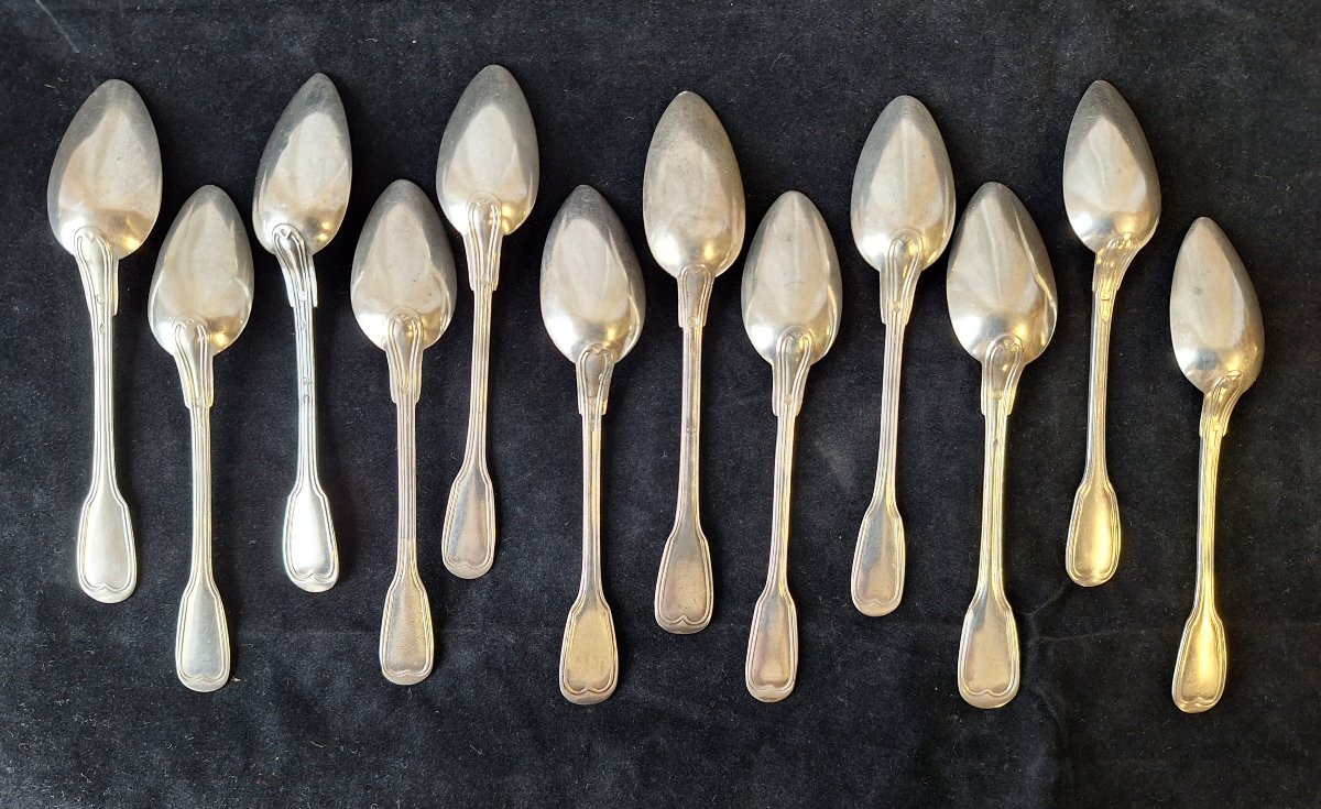 12 cuillères à dessert ou café en argent ,poinçon Minerve 1er titre,  XIXème - ébut XXème -photo-3