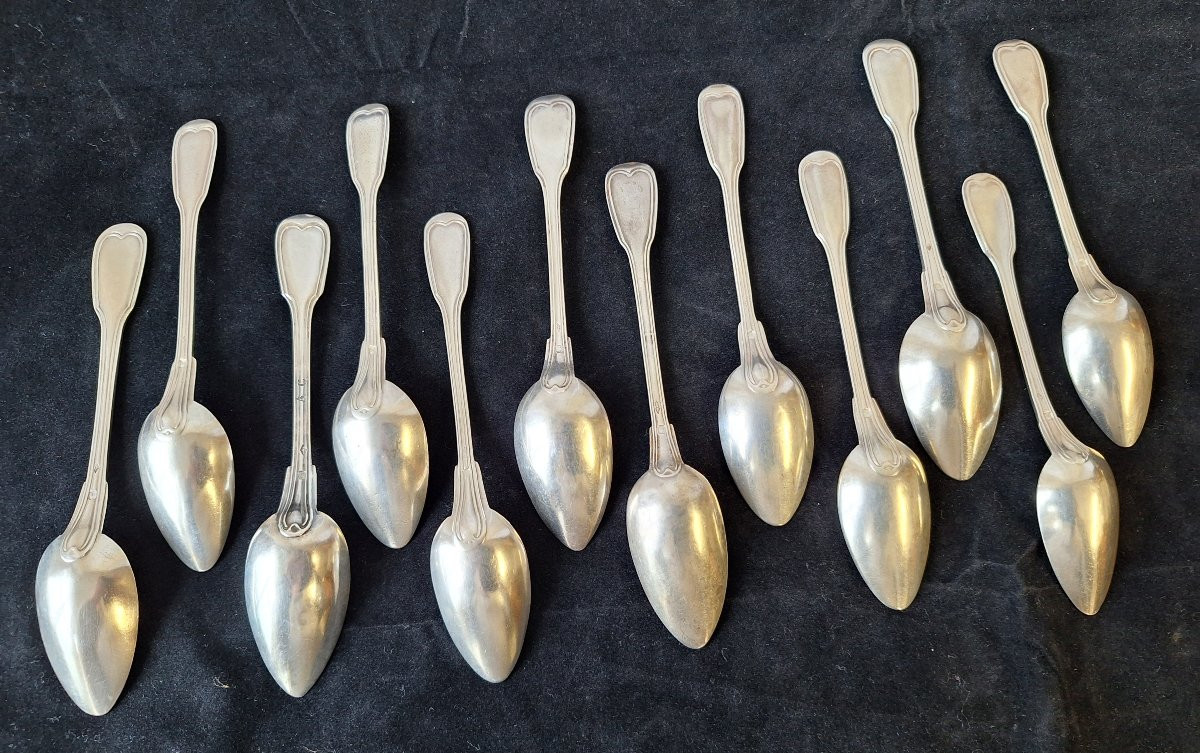 12 cuillères à dessert ou café en argent ,poinçon Minerve 1er titre,  XIXème - ébut XXème -photo-4