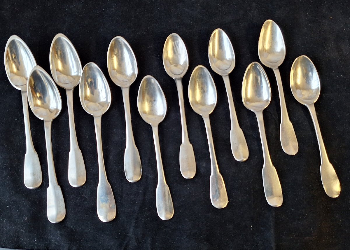 Set Of 12 Silver Dessert Spoons, 1st And 2nd Rooster Design, Paris 1st Standard, Early 19th Century -photo-2