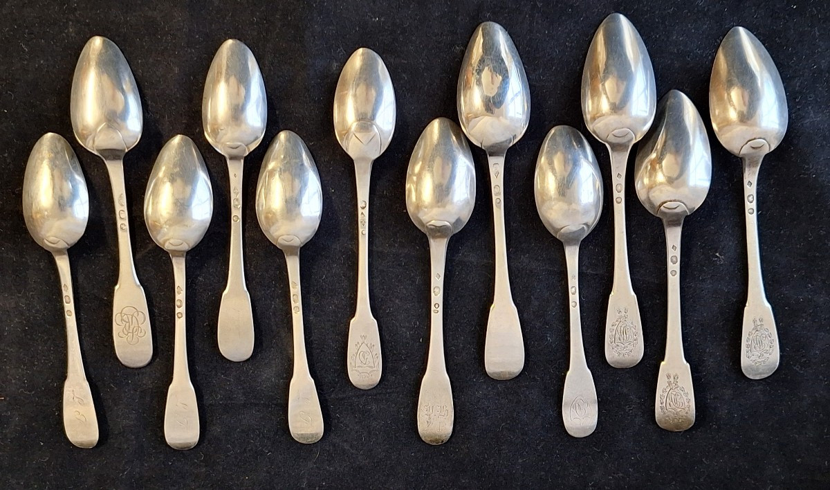 Set Of 12 Silver Dessert Spoons, 1st And 2nd Rooster Design, Paris 1st Standard, Early 19th Century 
