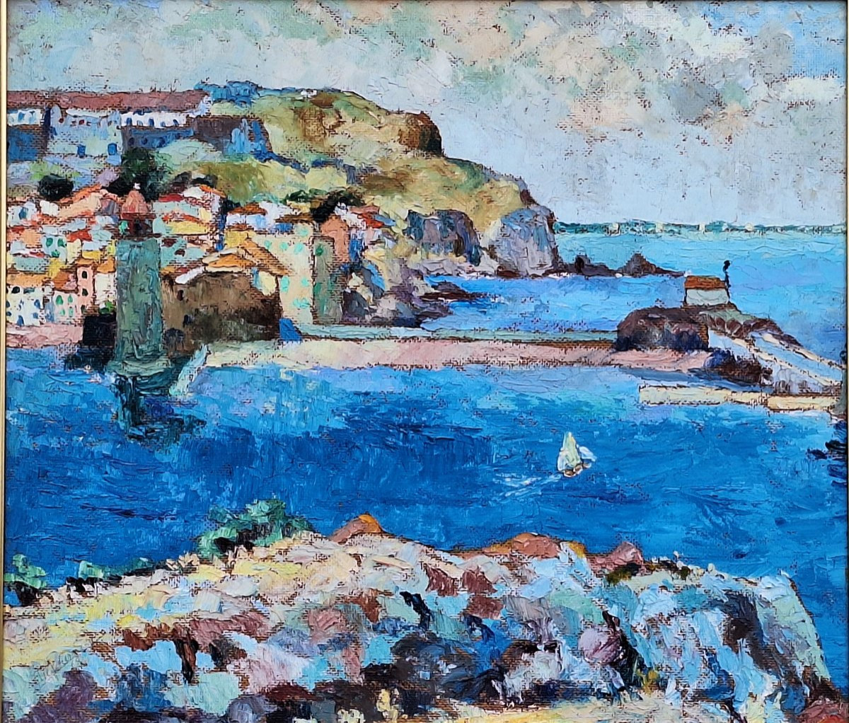 The Port Of Collioure, Oil On Panel By Marcel Fournier (1900-1979), Dated 1968.-photo-3