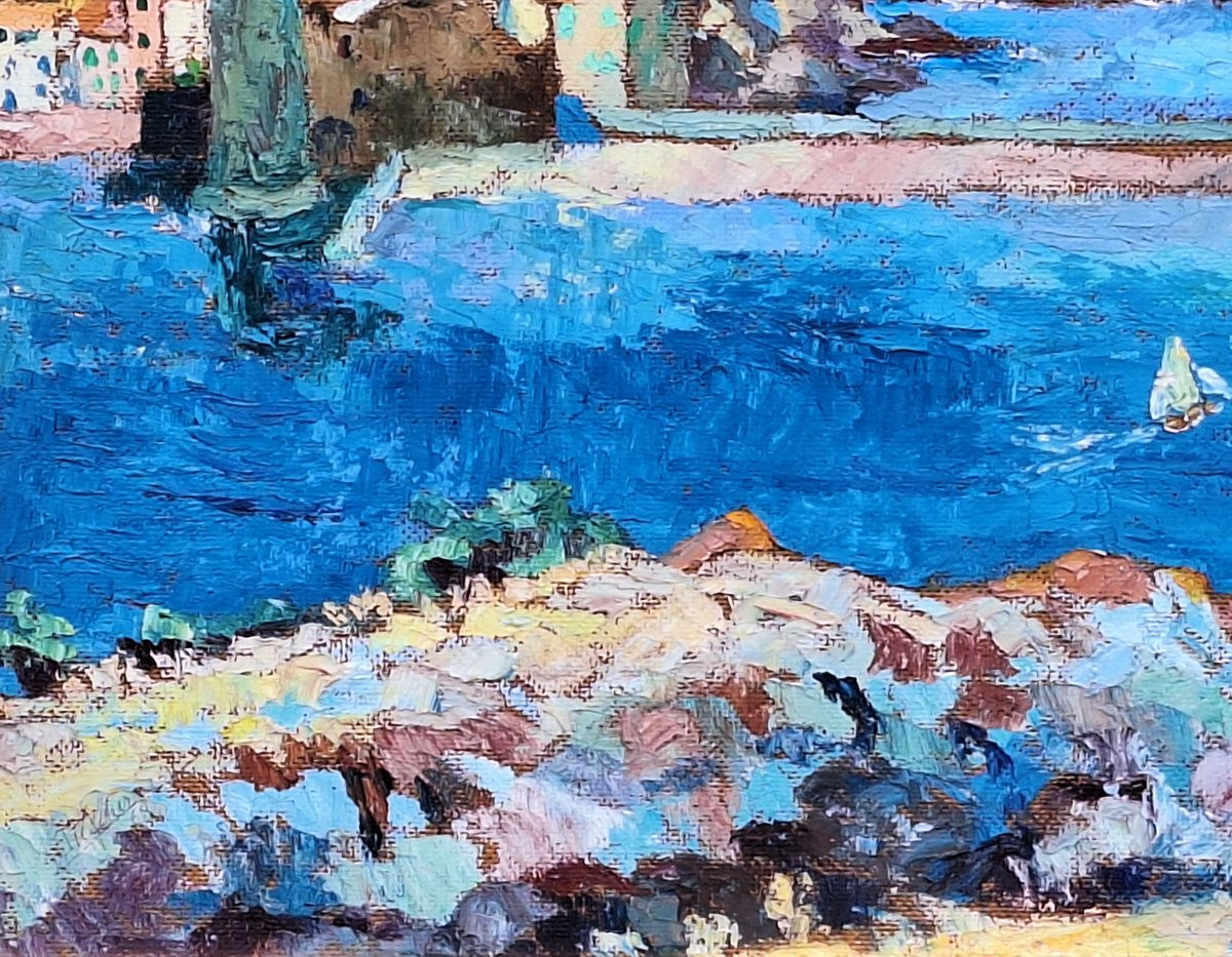 The Port Of Collioure, Oil On Panel By Marcel Fournier (1900-1979), Dated 1968.-photo-3