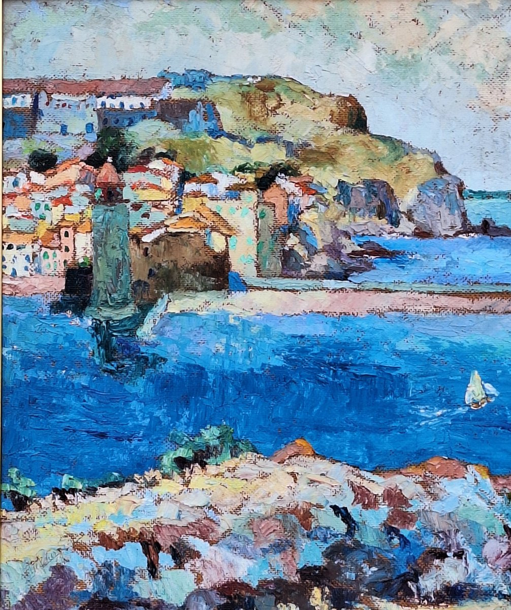 The Port Of Collioure, Oil On Panel By Marcel Fournier (1900-1979), Dated 1968.-photo-4