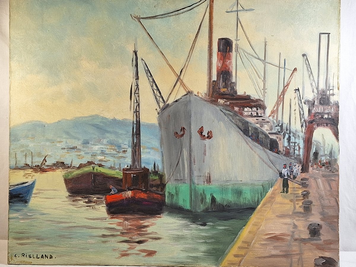 Christophe Rielland (1932– ) “bustling Harbor,” Oil On Canvas -photo-2