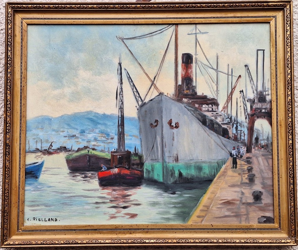 Christophe Rielland (1932– ) “bustling Harbor,” Oil On Canvas 