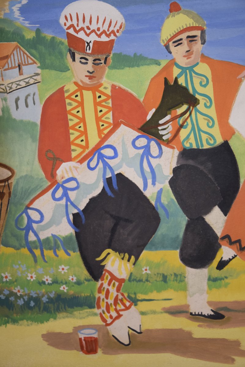 Louis Chareyre (1917-1995),Le Pays Basque et ses traditions , grande huile sur panneau-photo-3