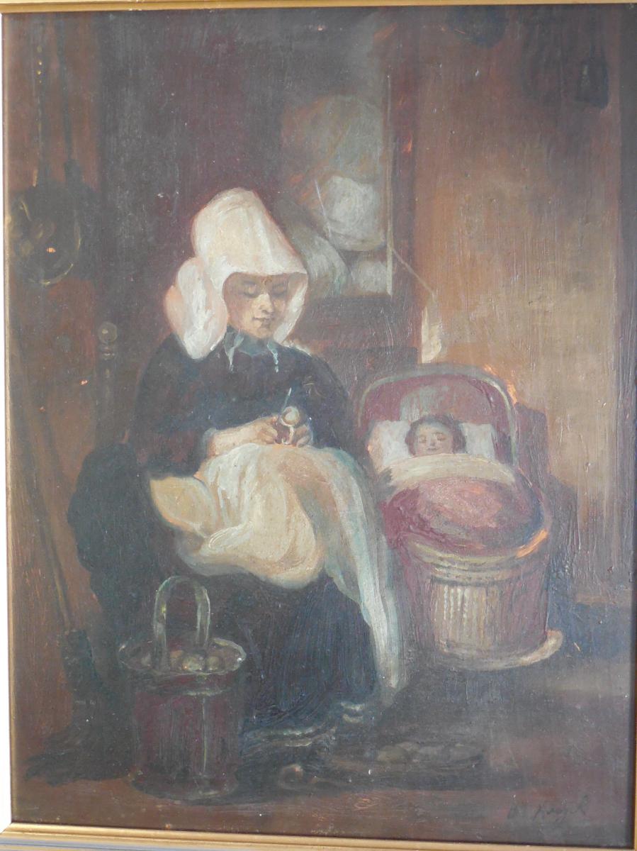 Scène d'intérieur intimiste  ,mère et son enfant  , huile sur panneau.