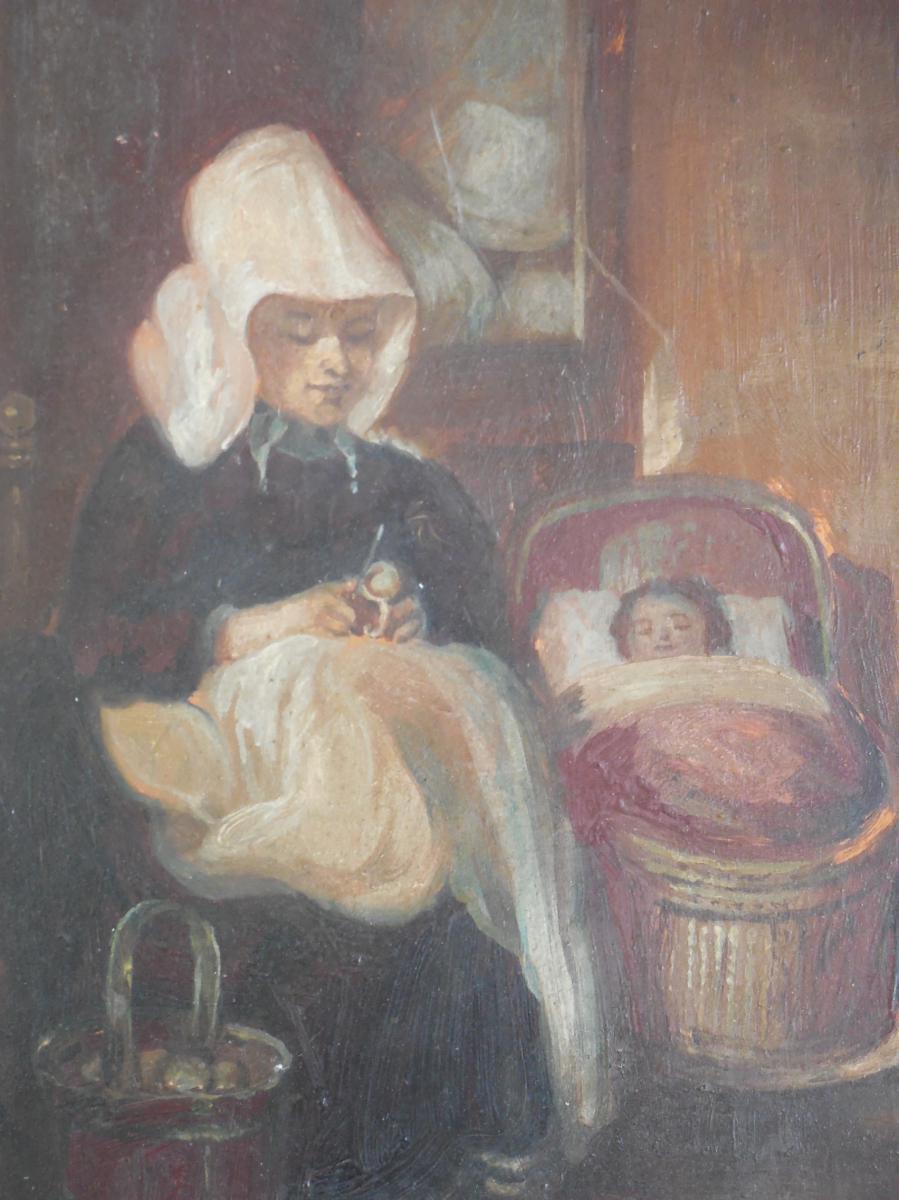Scène d'intérieur intimiste  ,mère et son enfant  , huile sur panneau.-photo-2