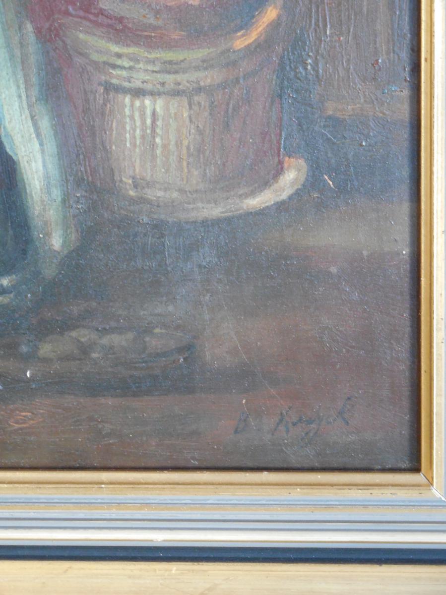 Scène d'intérieur intimiste  ,mère et son enfant  , huile sur panneau.-photo-3