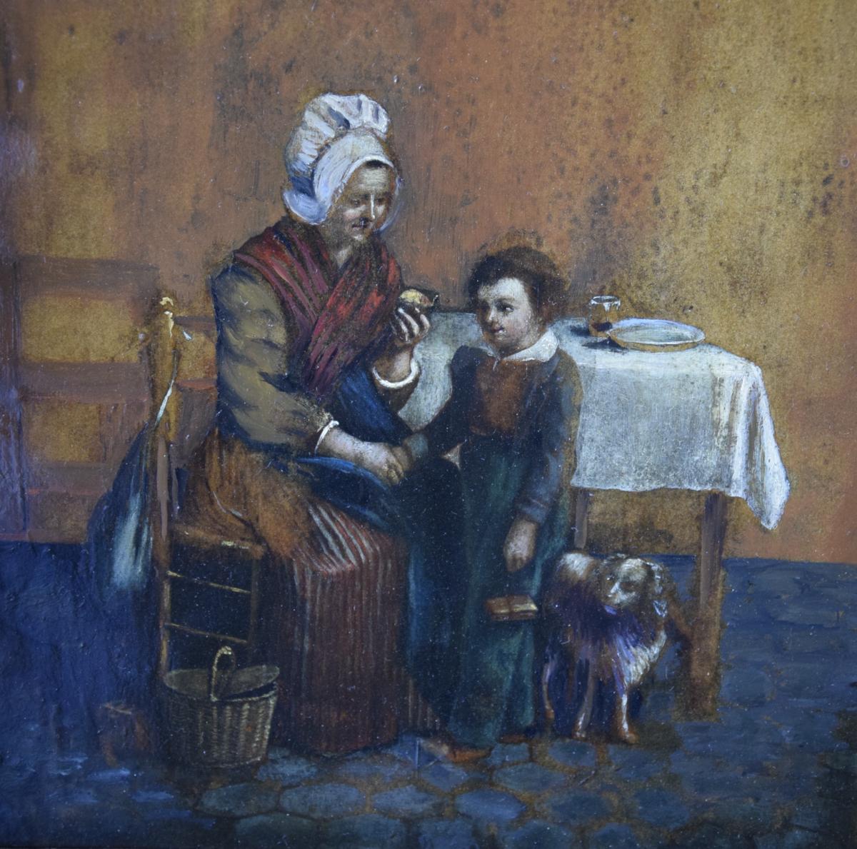 Huile Sur Cuir , Scène d'Intérieur Animée, XIXème -photo-4