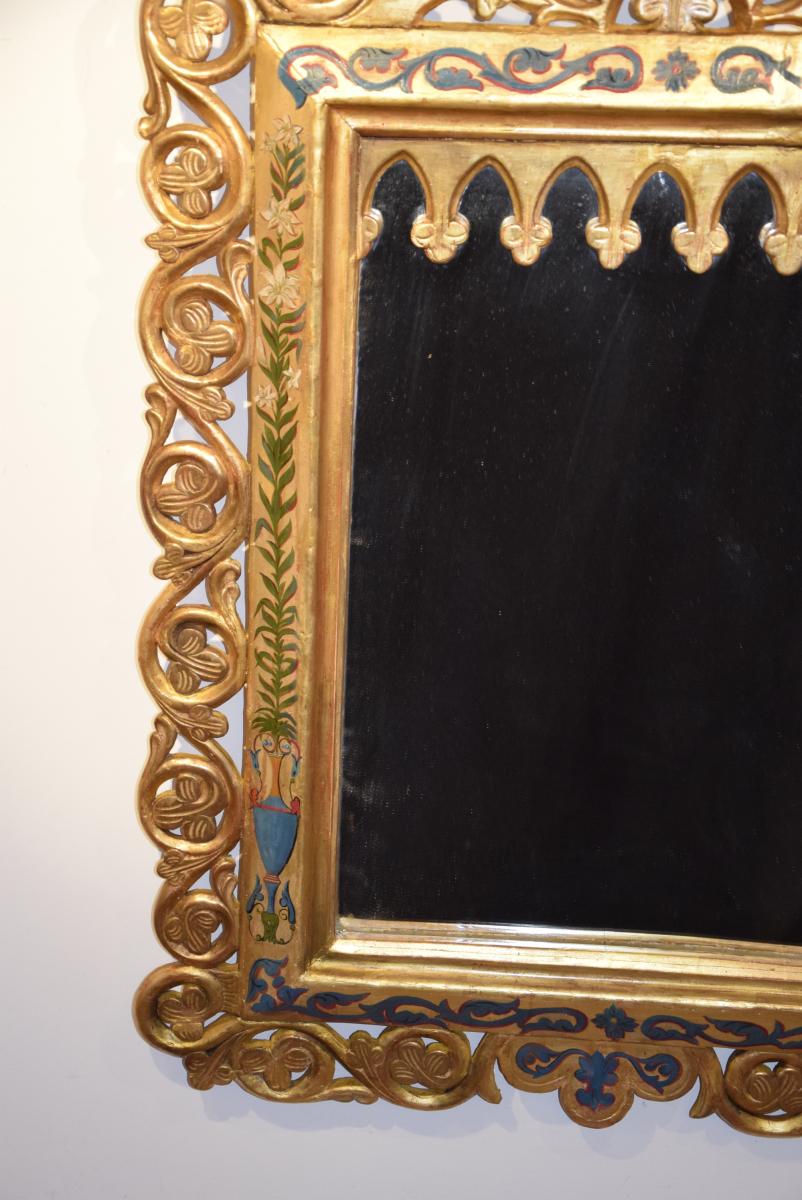 Moorish Style Mirror, Golden Wood And Polychrome, Nineteenth-photo-3