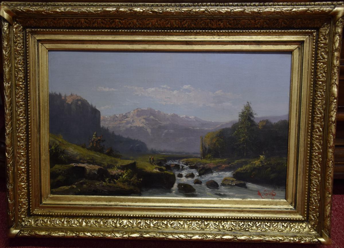 Paysage de montagne animé , grande huile sur toile signée A .Gins 