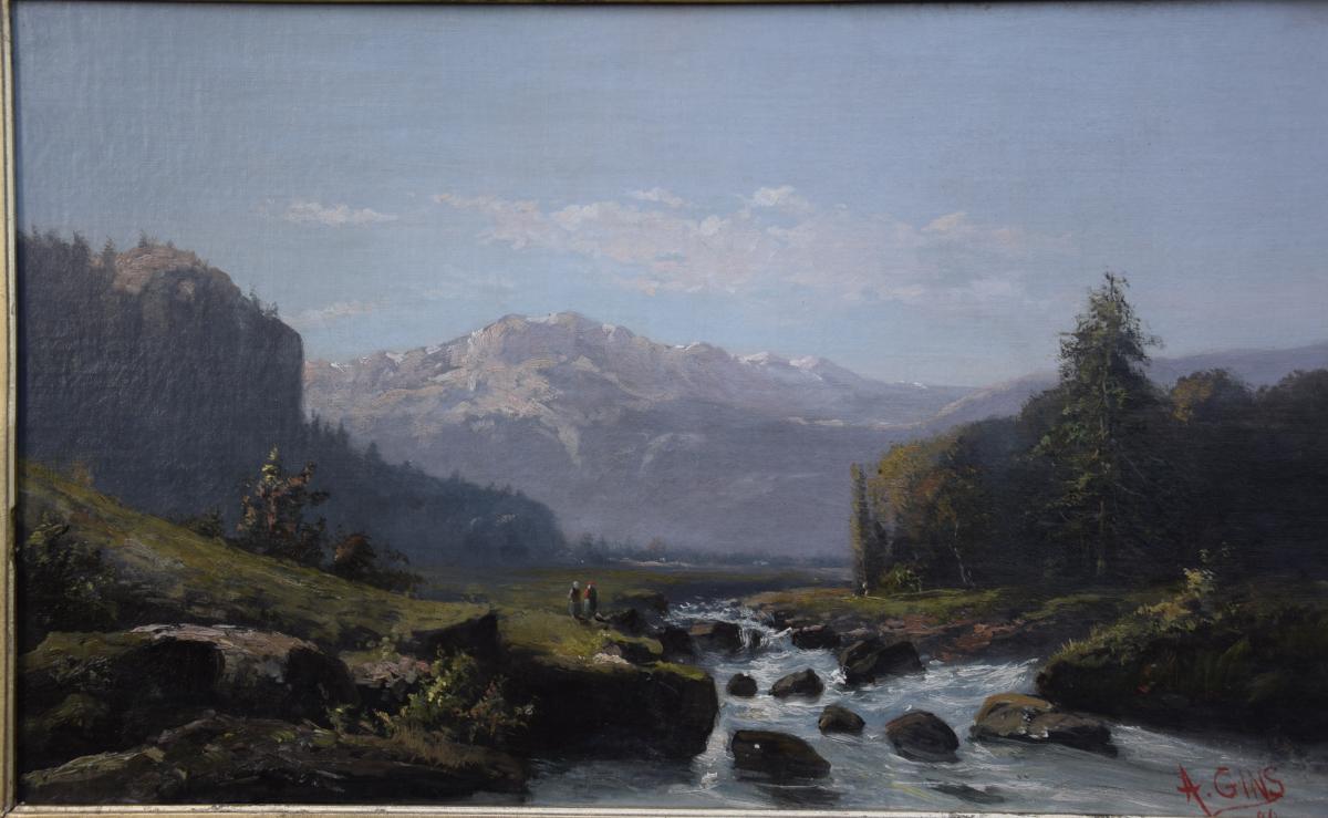Paysage de montagne animé , grande huile sur toile signée A .Gins -photo-2