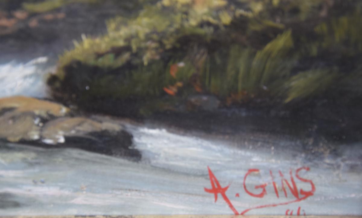 Paysage de montagne animé , grande huile sur toile signée A .Gins -photo-4