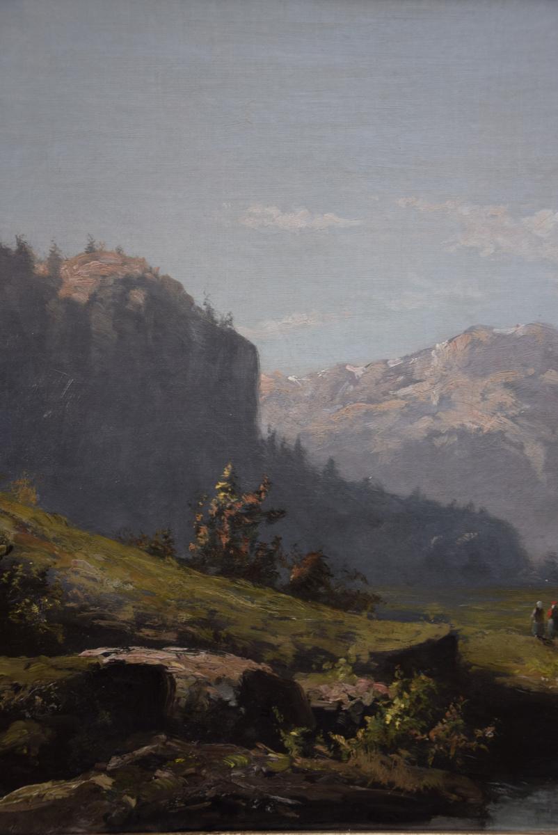 Paysage de montagne animé , grande huile sur toile signée A .Gins -photo-1