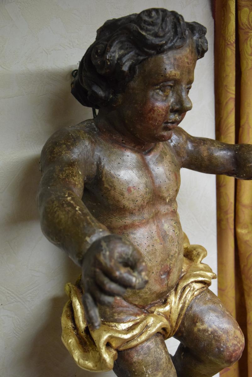 Ange,Putto, en bois doré et polychrome,sur son nuage , Fin XVIIème -photo-3