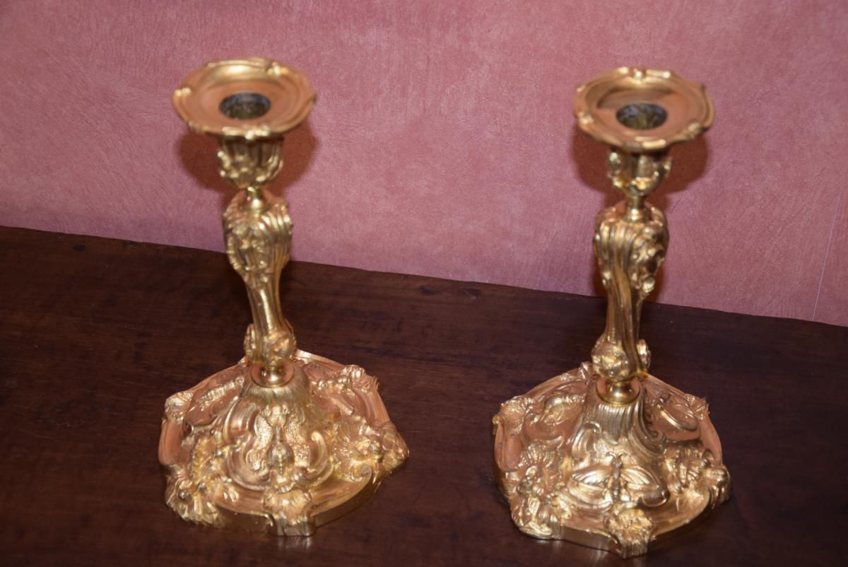 Pair Of Candlesticks In Gilt Bronze, Louis XV Style, 19th