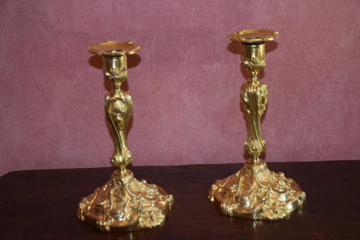 Pair Of Candlesticks In Gilt Bronze, Louis XV Style, 19th-photo-2