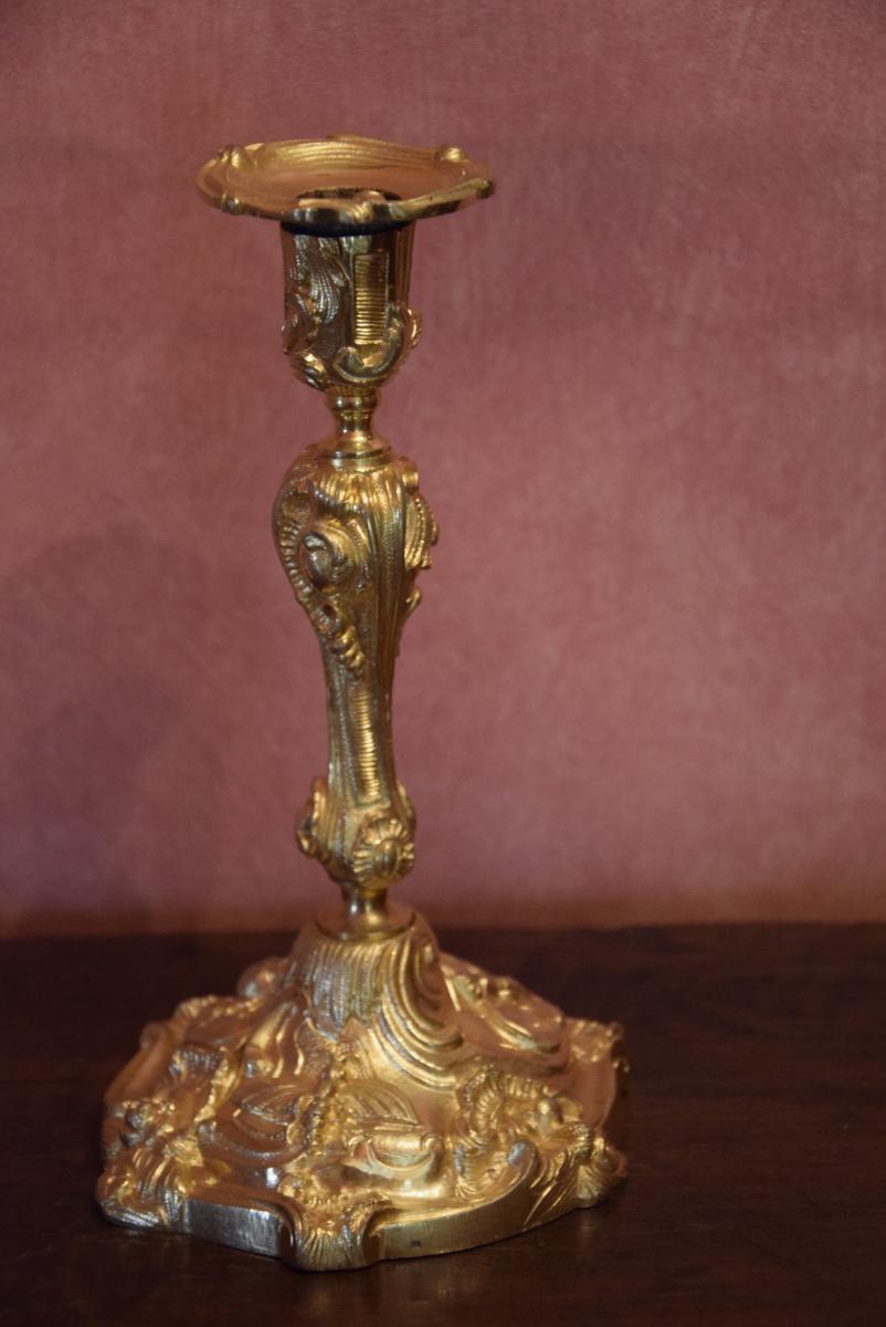 Pair Of Candlesticks In Gilt Bronze, Louis XV Style, 19th-photo-3