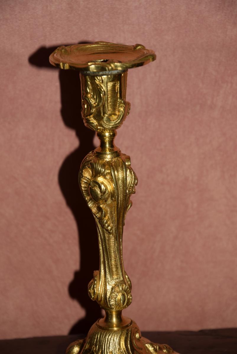 Paire de bougeoirs en bronze doré,style Louis XV,19ème,décor d'insectes-photo-4