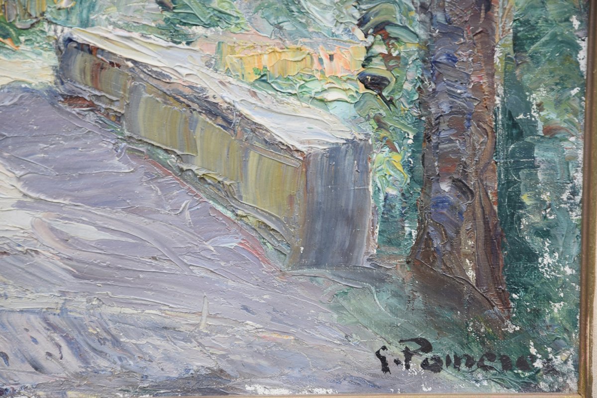 Gaston Pomerat , "Paysage au pont " Huile sur toile -photo-3