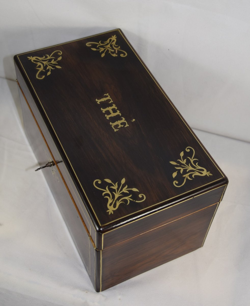 Coffret à thé en placage de palissandre et marqueterie de laiton-photo-4