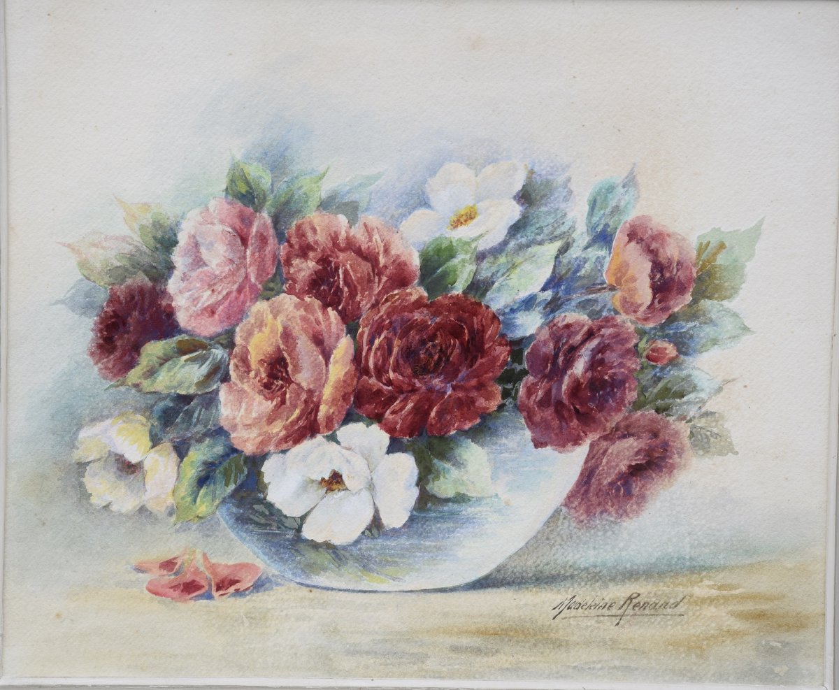 Madeleine Renaud( 1900-1994) bouquet de fleurs , Aquarelle-photo-2