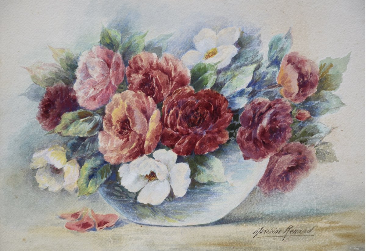Madeleine Renaud( 1900-1994) bouquet de fleurs , Aquarelle-photo-3