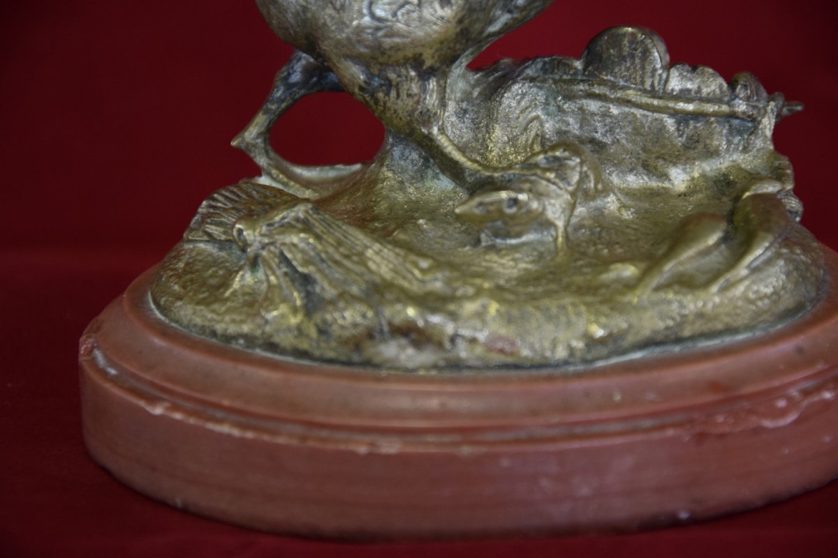 Sculpture en Bronze , "le coq et le rat " d'après la fable de La Fontaine , 19 ème-photo-4