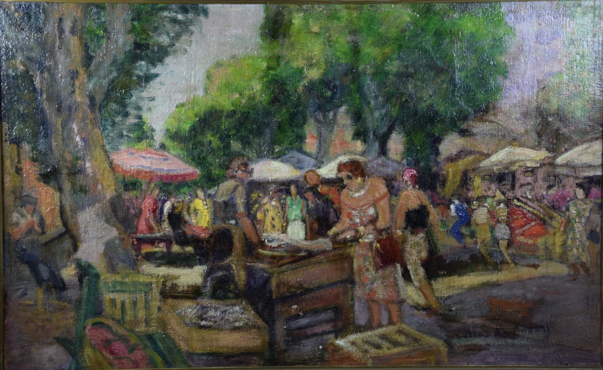 CARLOS-REYMOND(1884-1970), "Le vieux marché de Nice" ,huile sur toile .-photo-2