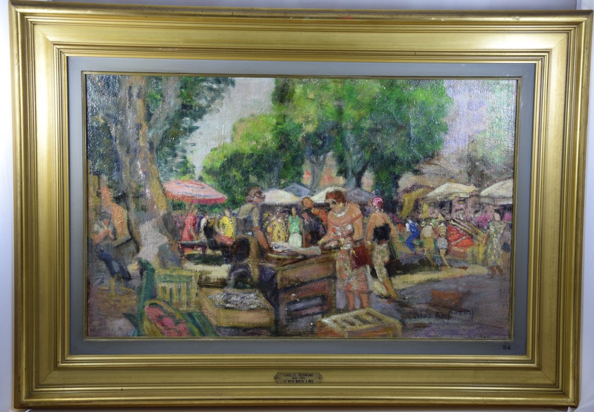 CARLOS-REYMOND(1884-1970), "Le vieux marché de Nice" ,huile sur toile .