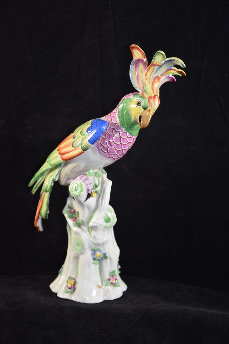 Cockatoo On A Branch, Polychrome Porcelain From Volkstedt-rudelstadt