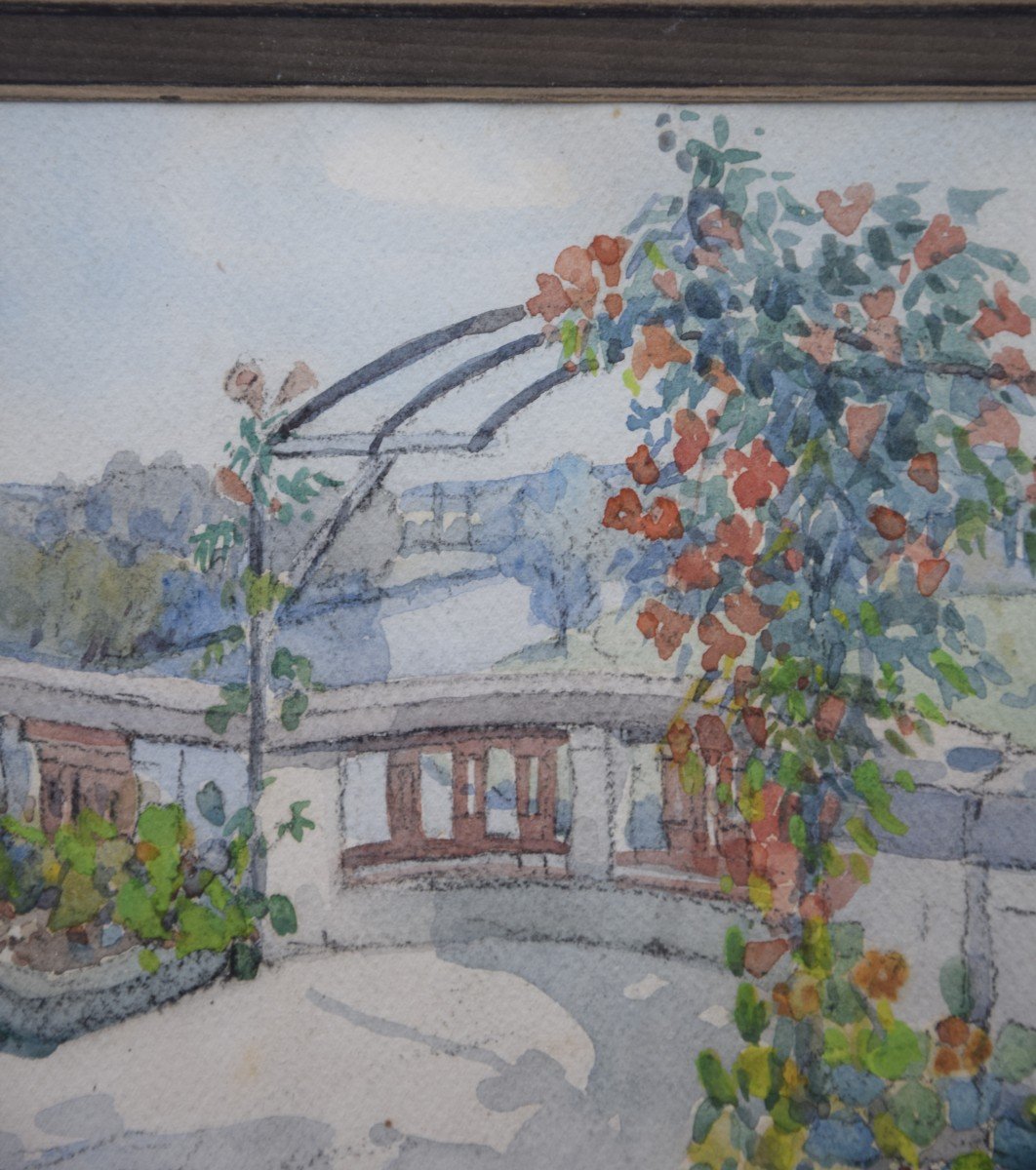 Robert Dessales Quentin (1885-1958)"Paysage à la pergola ",aquarelle-photo-3