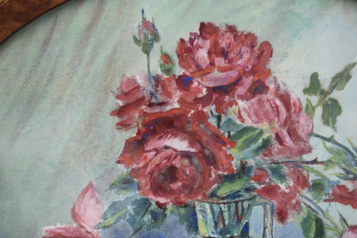 Bouquet Of Roses, Watercolor On Canvas, Signed M. Huteau Circa 1930-photo-3