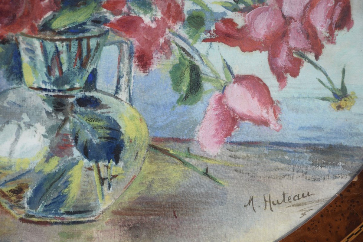Bouquet de roses , aquarelle sur toile , signée  M. Huteau  vers 1930-photo-1