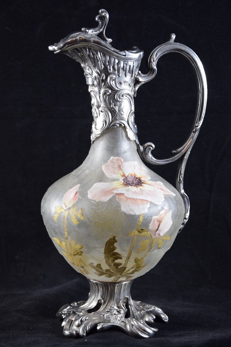 Victor Saglier (1840-1890) Silver-plated Ewer And Enamelled Glass.-photo-4