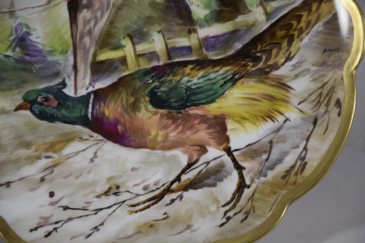 Large Decorative Dish In Limoges Porcelain, Pheasant Decor-photo-4