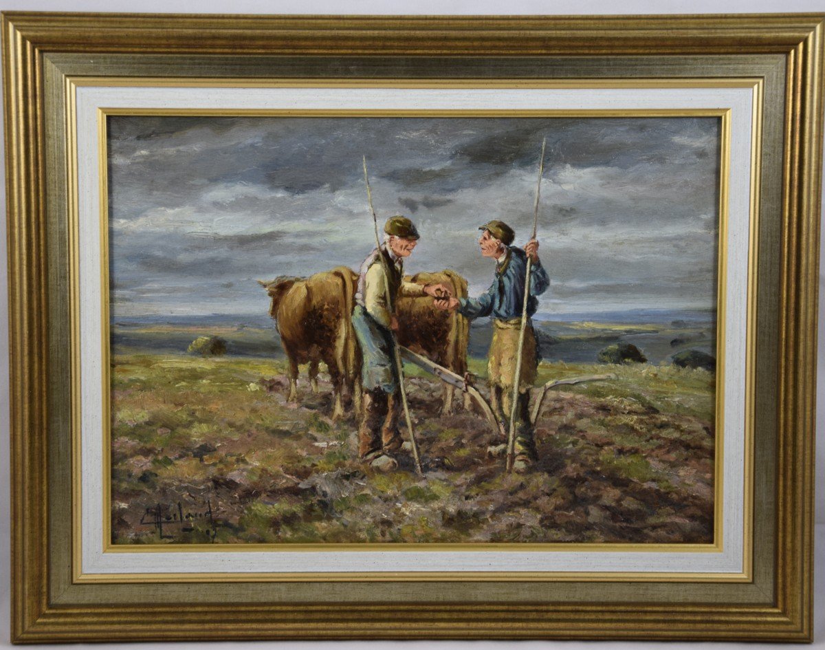 Camille Merlaud (1877-1957), Exchanges Between Two Ploughmen, Oil On Panel, Early 20th Century-photo-2