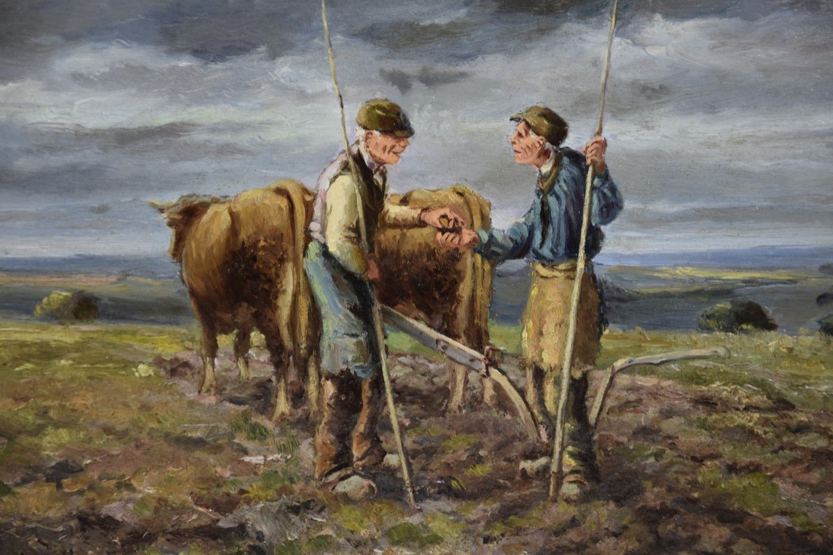 Camille Merlaud (1877-1957), Exchanges Between Two Ploughmen, Oil On Panel, Early 20th Century-photo-3