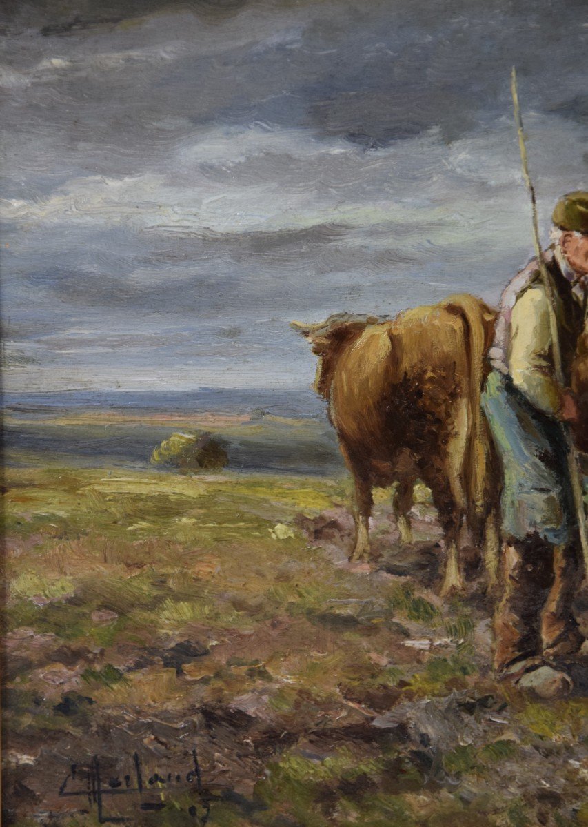 Camille Merlaud (1877-1957), Exchanges Between Two Ploughmen, Oil On Panel, Early 20th Century-photo-1
