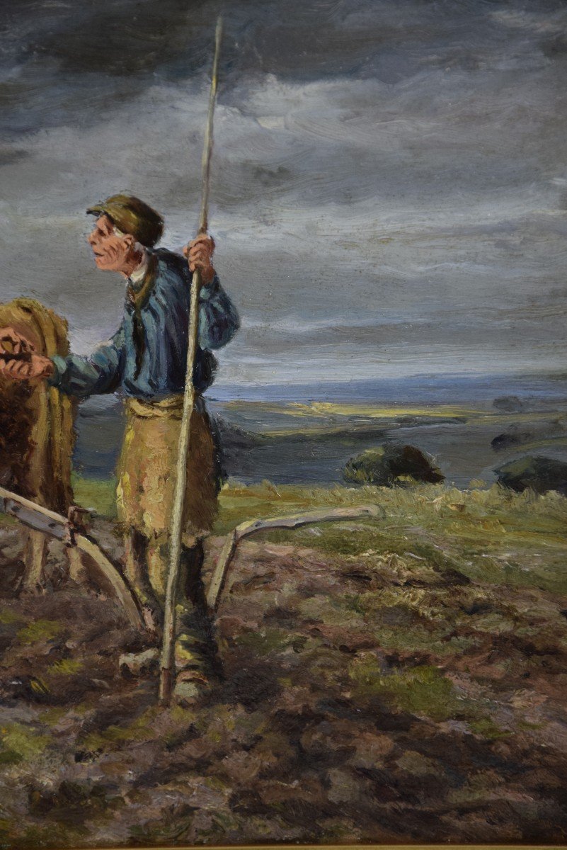 Camille Merlaud (1877-1957), Exchanges Between Two Ploughmen, Oil On Panel, Early 20th Century-photo-3