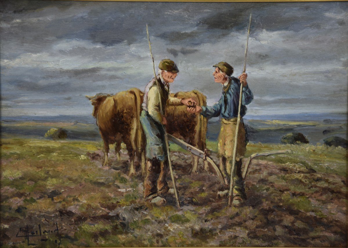 Camille Merlaud (1877-1957), Exchanges Between Two Ploughmen, Oil On Panel, Early 20th Century